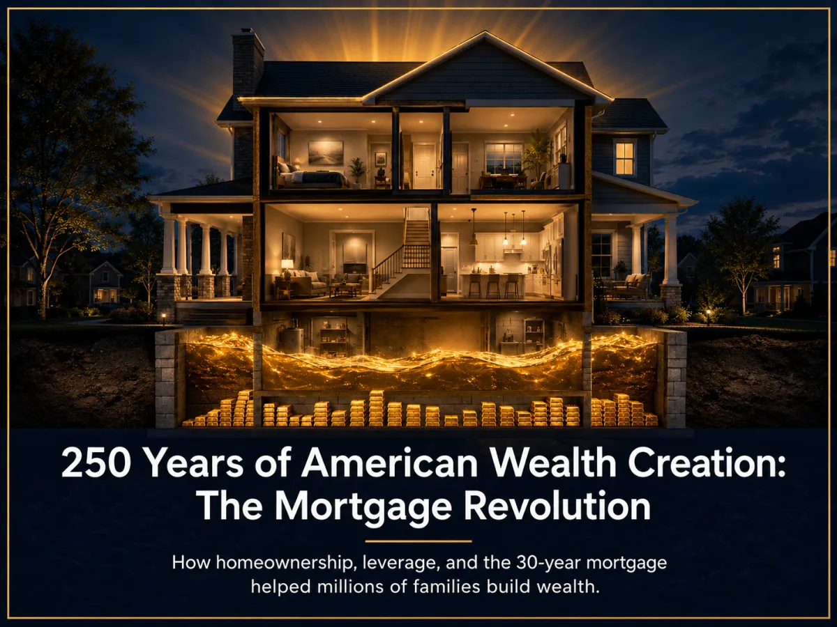 Cutaway of a glowing suburban home at night with gold bars beneath the foundation, representing real estate wealth creation
