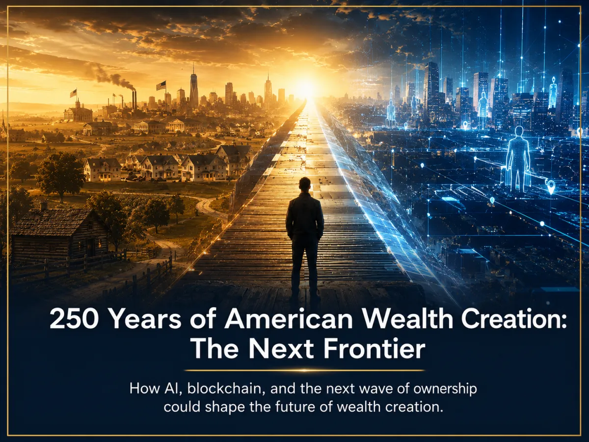 Person standing at the threshold between a golden historic American cityscape and a glowing digital AI-powered future city