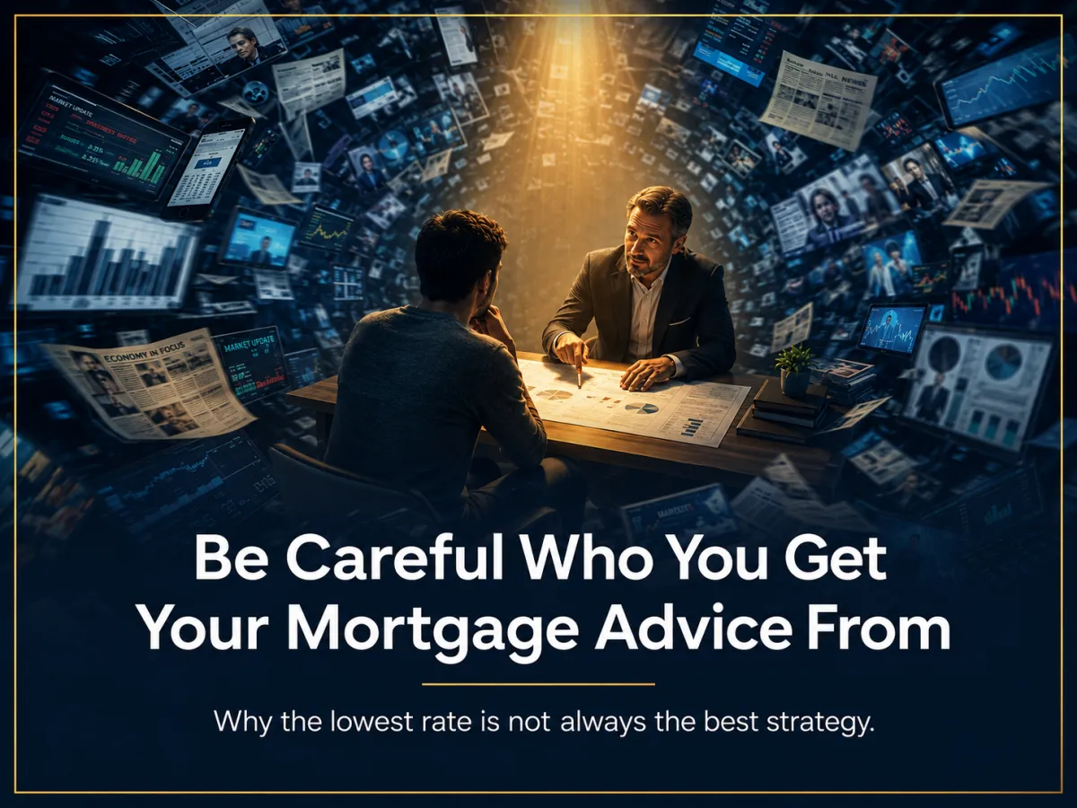 Mortgage advisor guiding a client through financial documents amid a swirl of media noise and market data screens