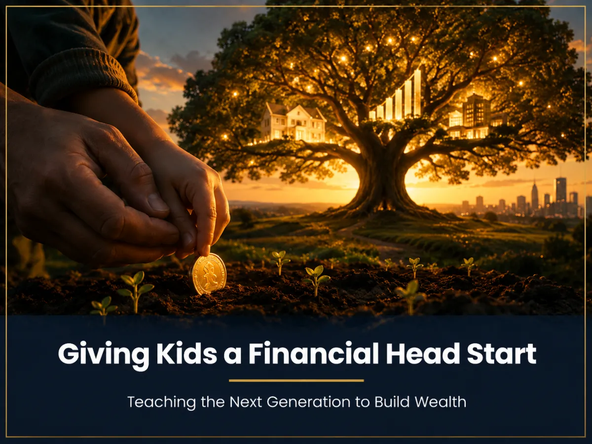 Hands planting a gold coin before a glowing tree bearing a home and city skyline, representing generational wealth