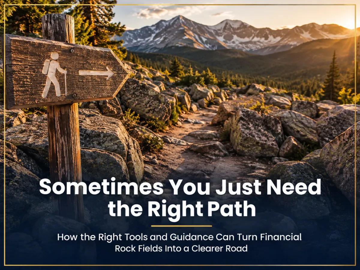 Rocky mountain trail at golden sunset with a hiker signpost pointing forward, representing financial path clarity
