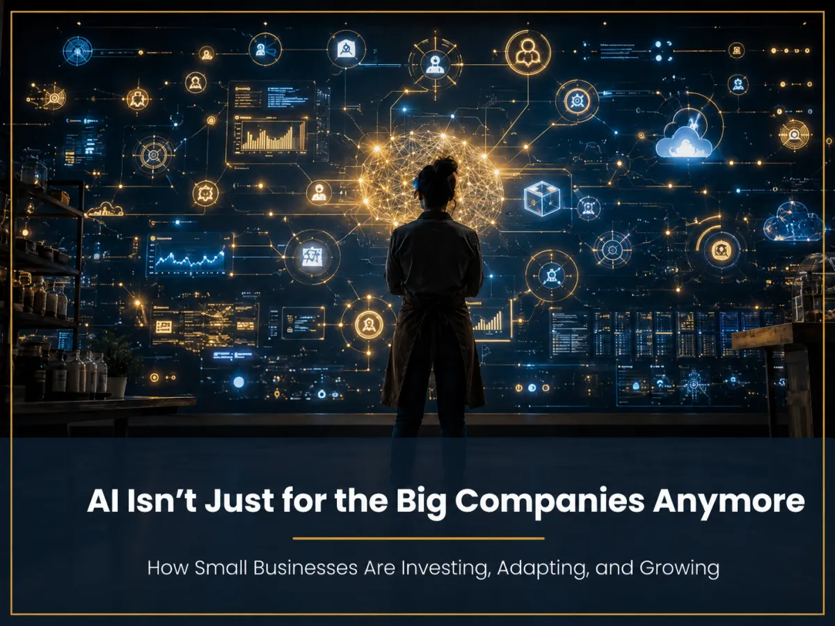 Small business owner silhouette before a glowing AI data network, representing AI adoption beyond large corporations