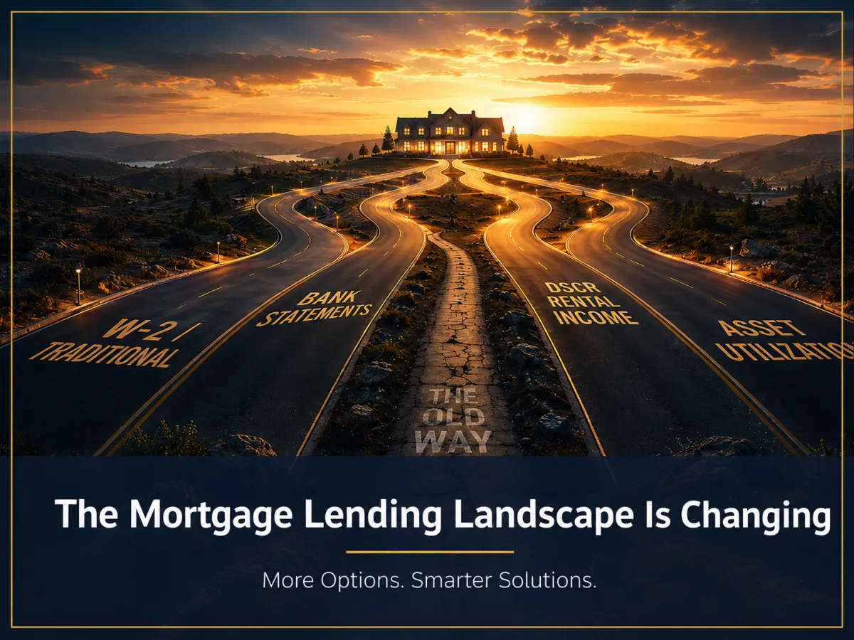 Multiple illuminated roads labeled W-2, Bank Statements, DSCR, and Asset Utilization converging on a glowing home at sunset