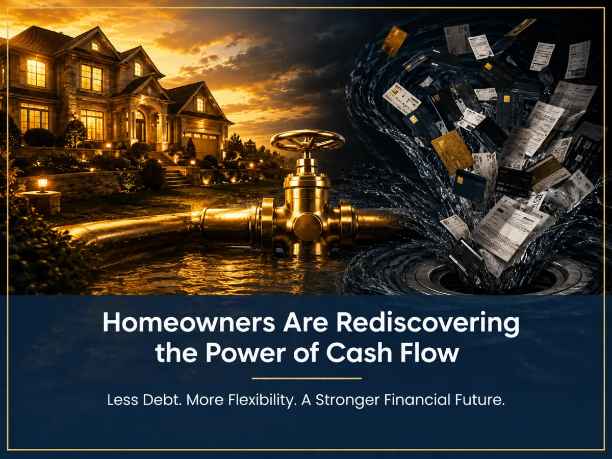 Glowing home with a gold valve pipe draining credit cards into a whirlpool, representing home equity used to improve cash flow