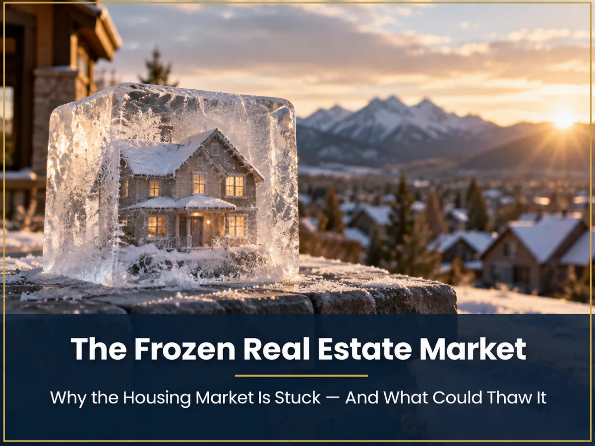 A glowing craftsman home frozen inside a block of ice against a snowy mountain sunset, representing the locked real estate market