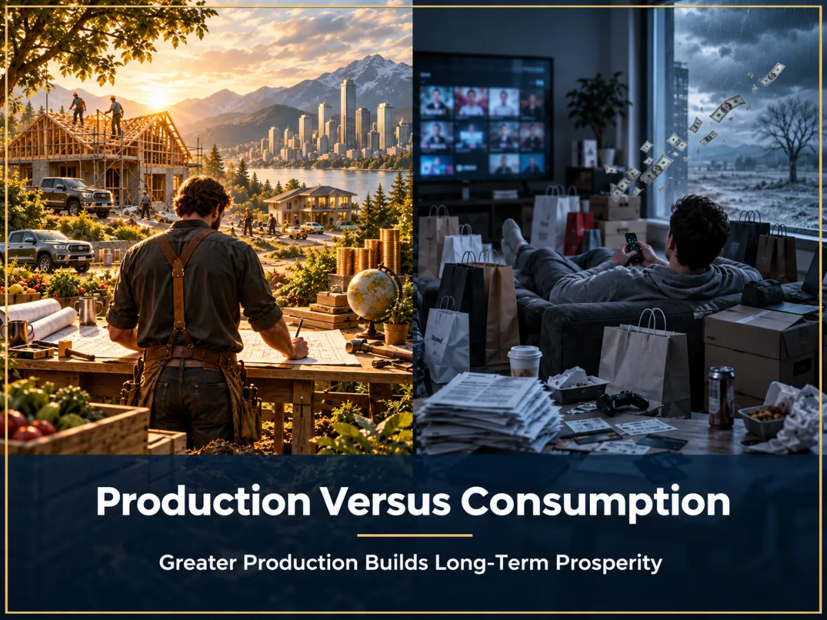 Split image of a builder planning at golden sunrise versus a consumer surrounded by shopping bags and bills in a rainy apartment