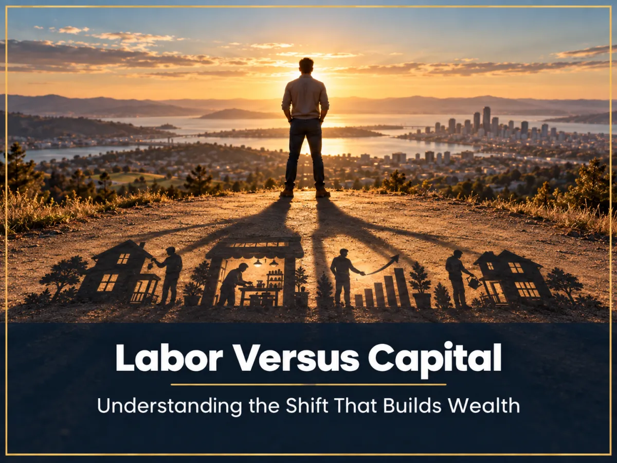 Person at golden sunrise overlooking a city, shadow revealing homes and rising charts, representing the labor-to-capital wealth shift