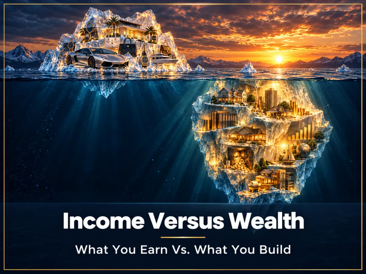 Iceberg split: luxury car and designer goods above water, glowing homes and gold bars below, representing income vs wealth