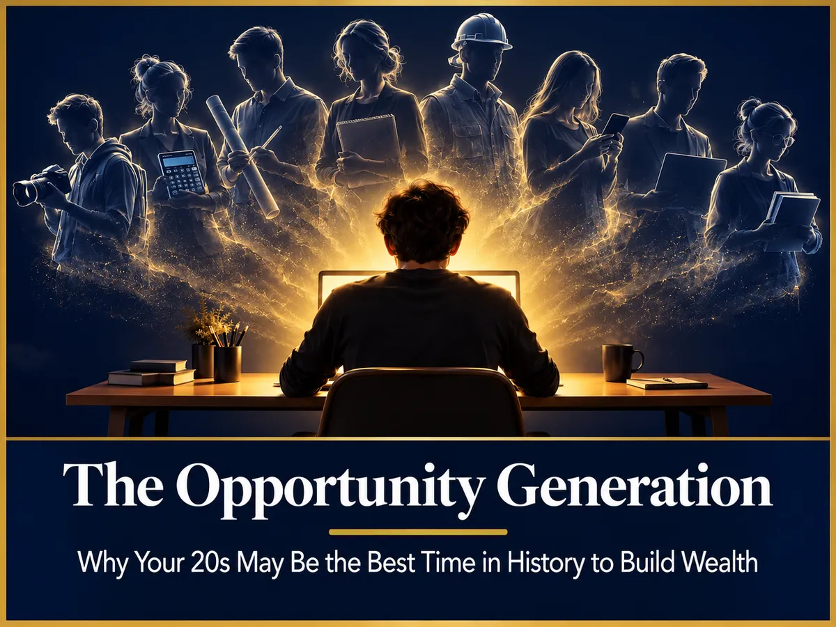 A person viewed from behind sits at a glowing laptop while seven professional silhouettes — photographer, accountant, architect, contractor, and tech workers — radiate outward in golden light against a dark navy background