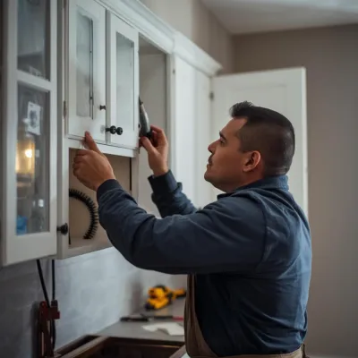 Handyman installing kitchen cabinet hardware in Northwest Arkansas