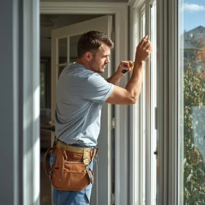 Handyman installing or repairing window frame in Northwest Arkansas home