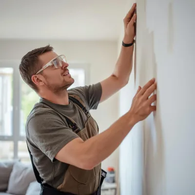 Handyman repairing drywall inside home in Northwest Arkansas