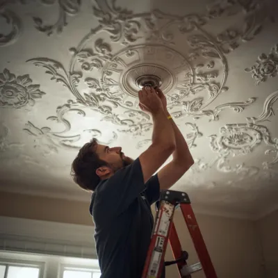 handyman installing ceiling light fixture in home