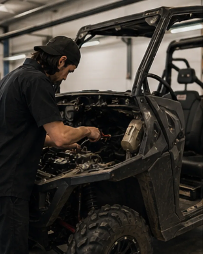 Master mechanic performing maintenance on a powersports vehicle