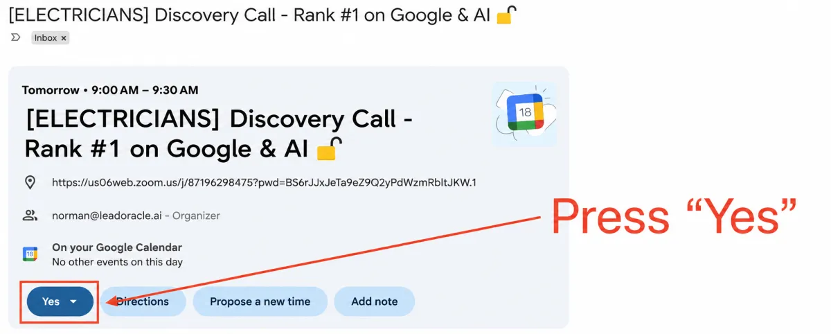 Google Calendar invitation email: tap Yes to confirm your discovery call