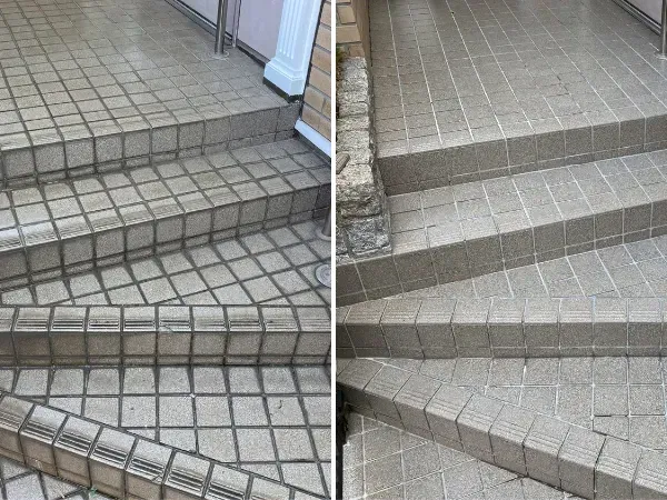 Before and after comparison of tile step cleaning showing restored grout and bright surface