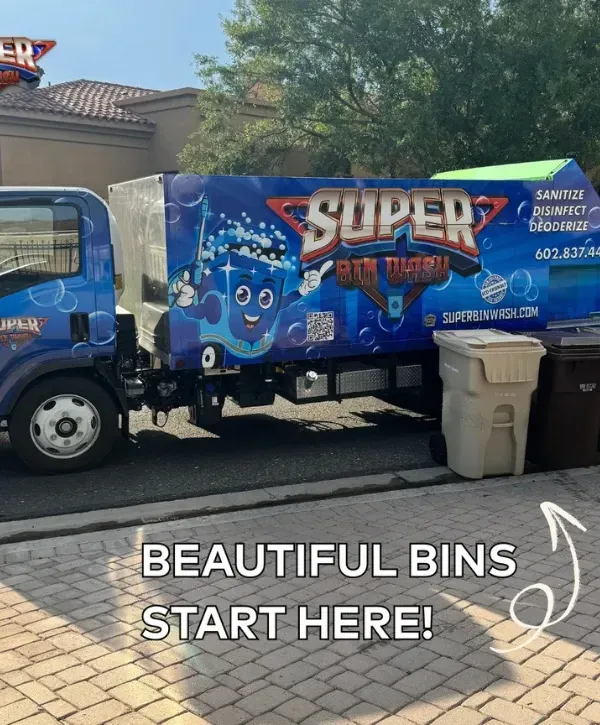 Super Bin Wash truck parked beside trash bins with text promoting clean and sanitized bins
