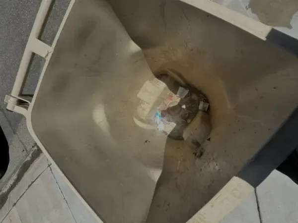 Close-up of a dirty trash bin interior before professional cleaning