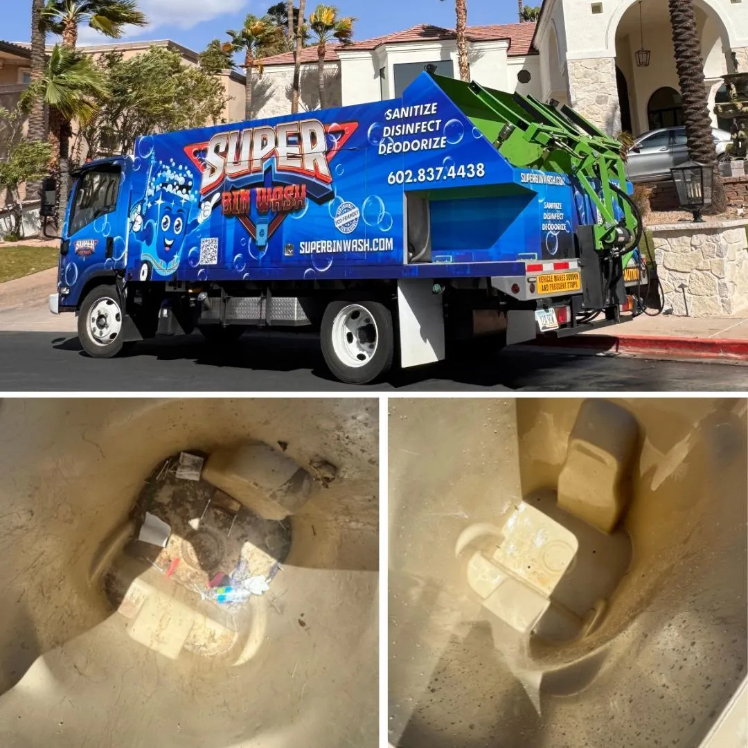 Before and after photo of a dirty trash bin cleaned by Super Bin Wash.
