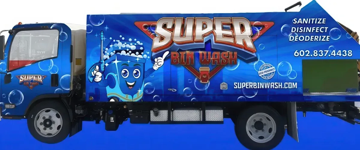 Super Bin Wash truck with bright blue eco-friendly cleaning design and logo