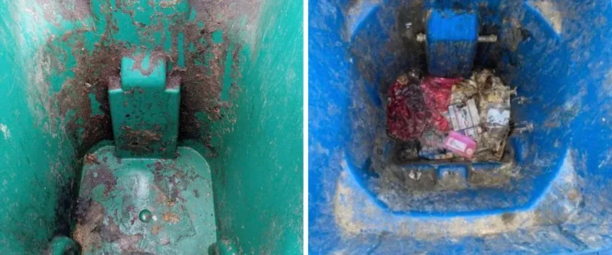 A split image shows two dirty trash bin interiors, one green and one blue, with debris and garbage.