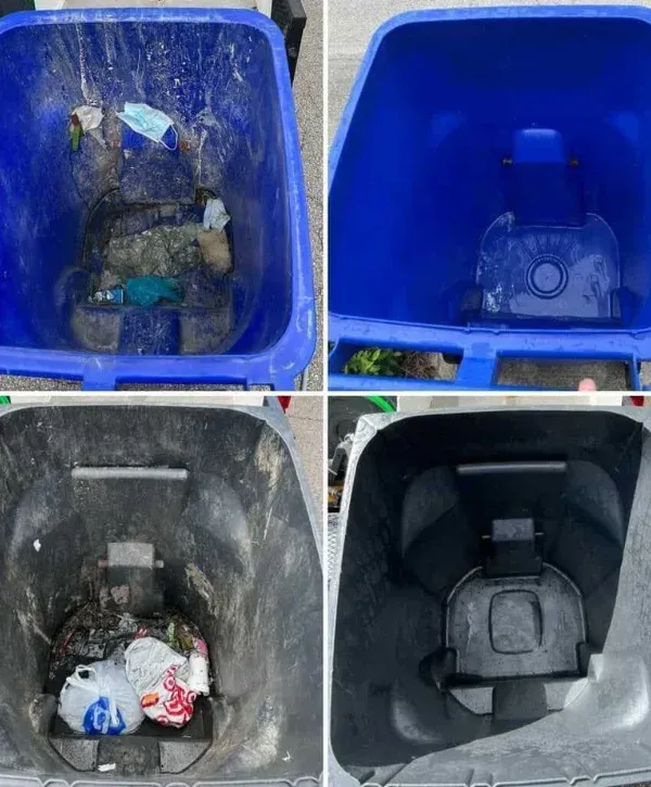 A quad image showing dirty blue and black recycling bins before and after cleaning, from an overhead perspective.