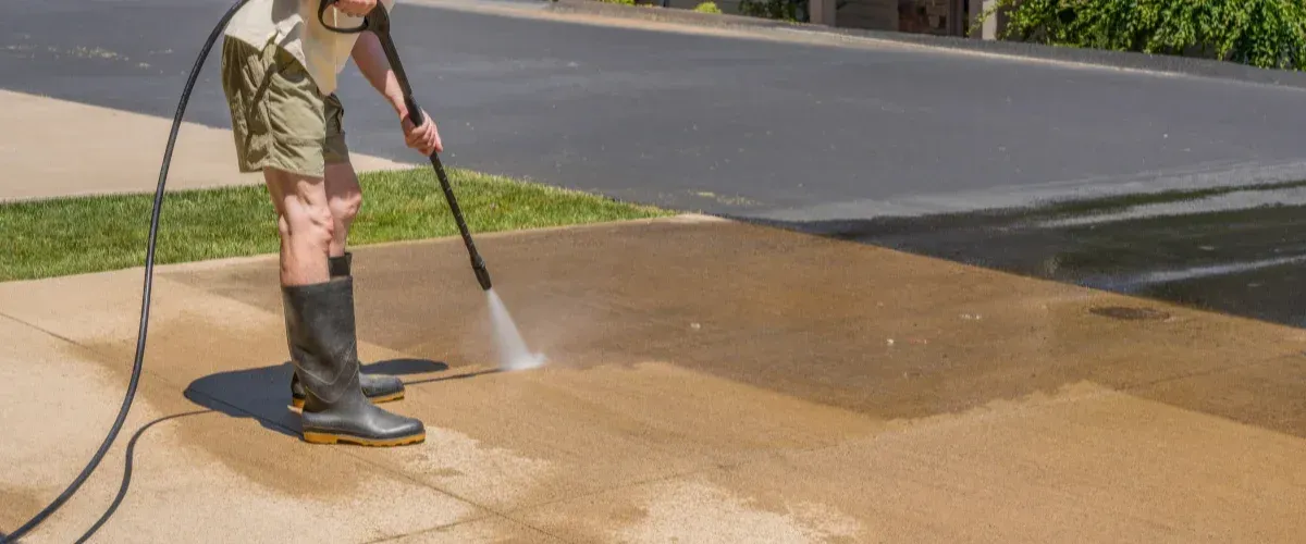 A man in shorts and boots power washing a concrete driveway on a sunny day, cleaning dirt from the surface.