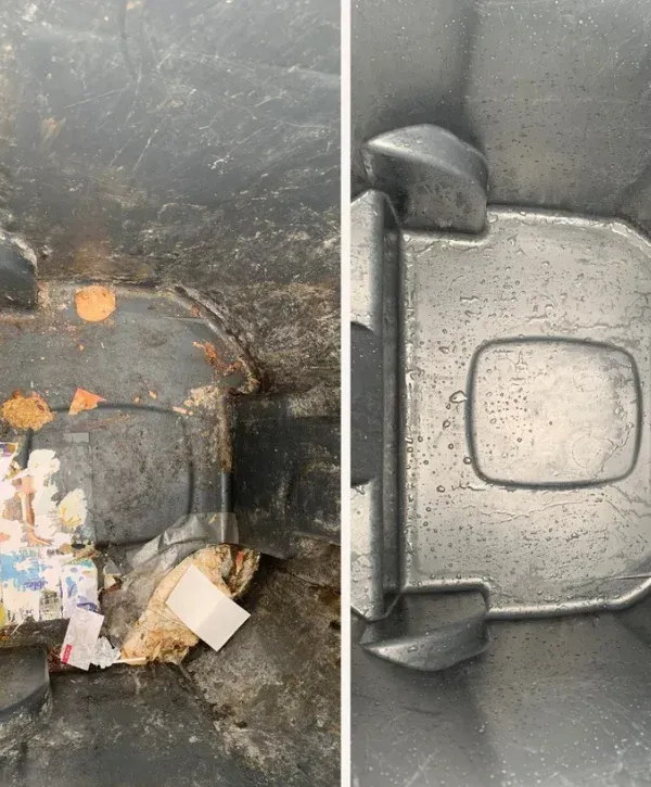 A split image shows the inside of a green bin, dirty and filled with leaves on the left, and clean and shiny on the right.