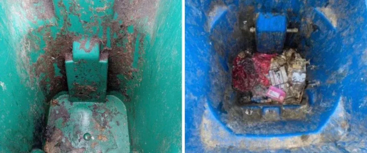 A side-by-side comparison of two dirty garbage bins: one green and empty, the other blue with trash inside.