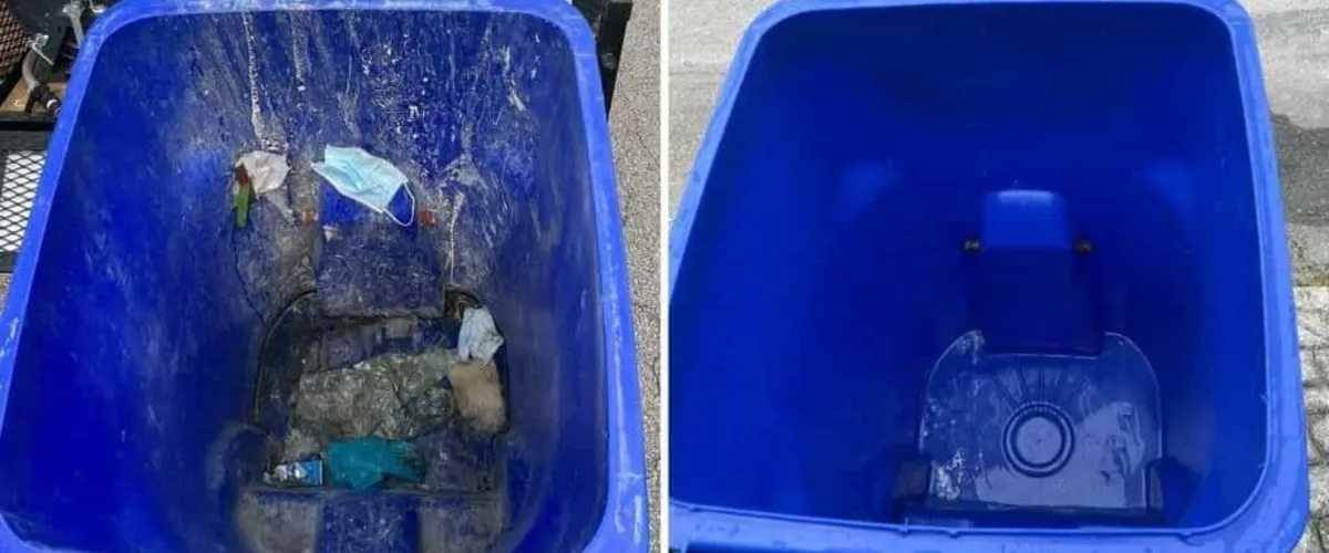 A side-by-side comparison of two blue recycling bins, one dirty and full of trash, the other clean and empty.