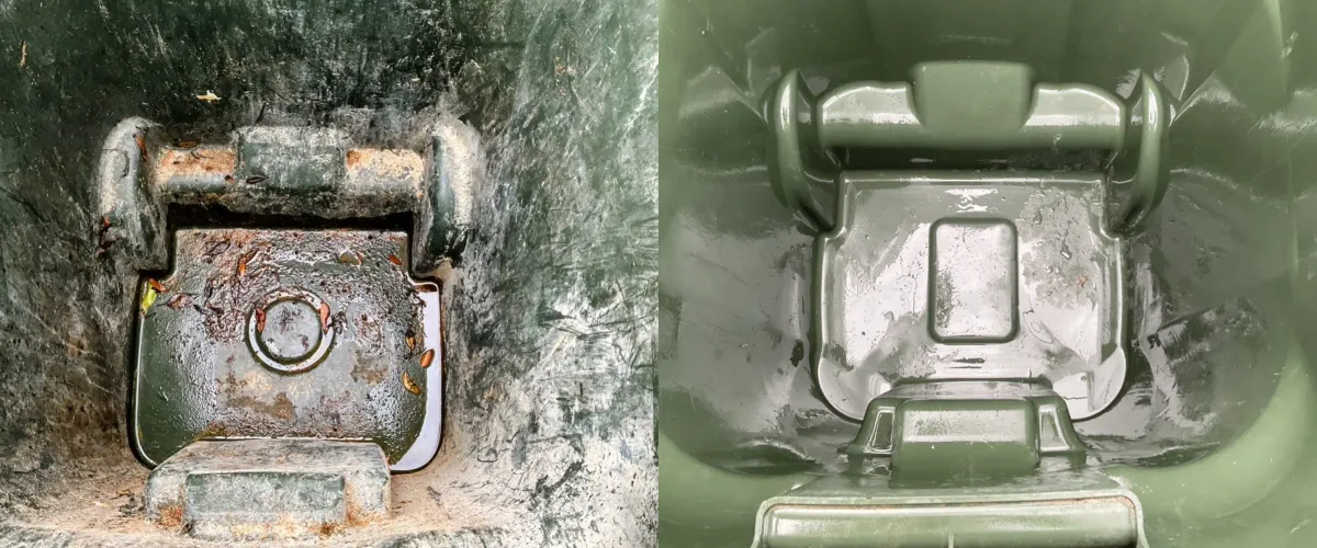 A split image shows two dirty trash bin interiors, one green and one blue, with debris and garbage.