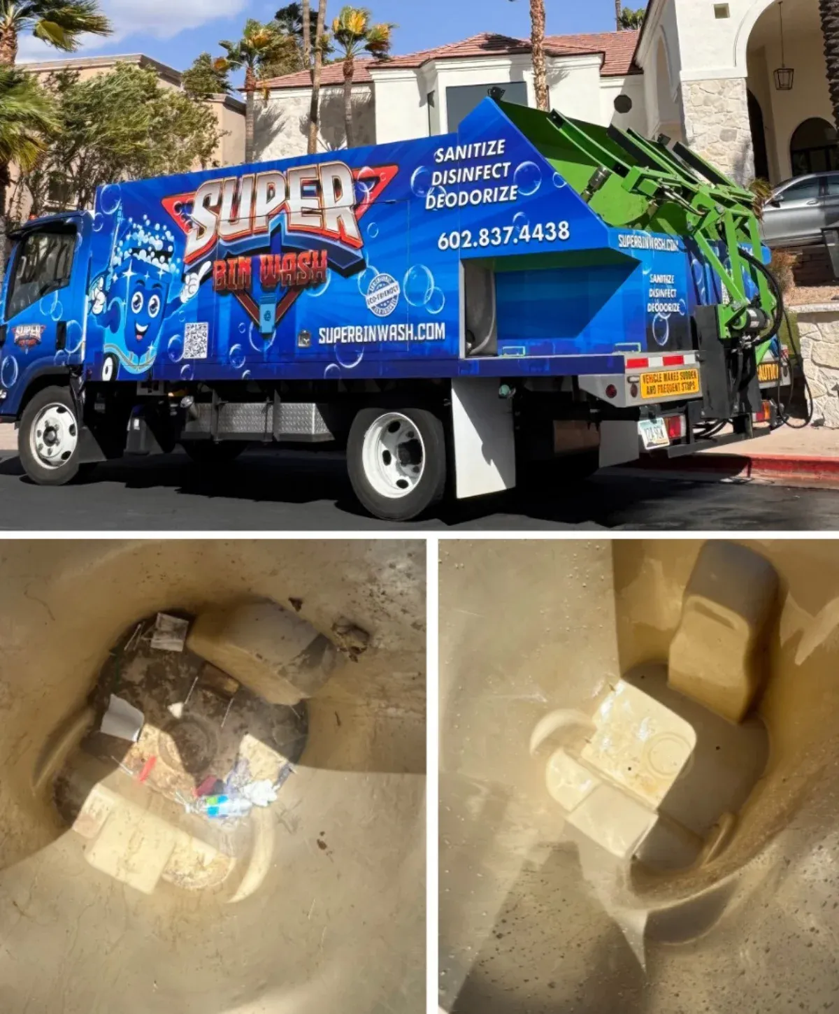 A side-by-side comparison of two blue recycling bins, one dirty and full of trash, the other clean and empty.
