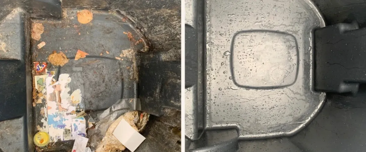 A split image showing a dirty, trash-filled bin interior on the left and a clean, wet, textured bin surface on the right.