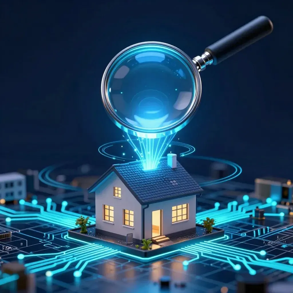 Magnifying glass scanning a model house on a glowing circuit board, representing qualifying and analyzing sellers