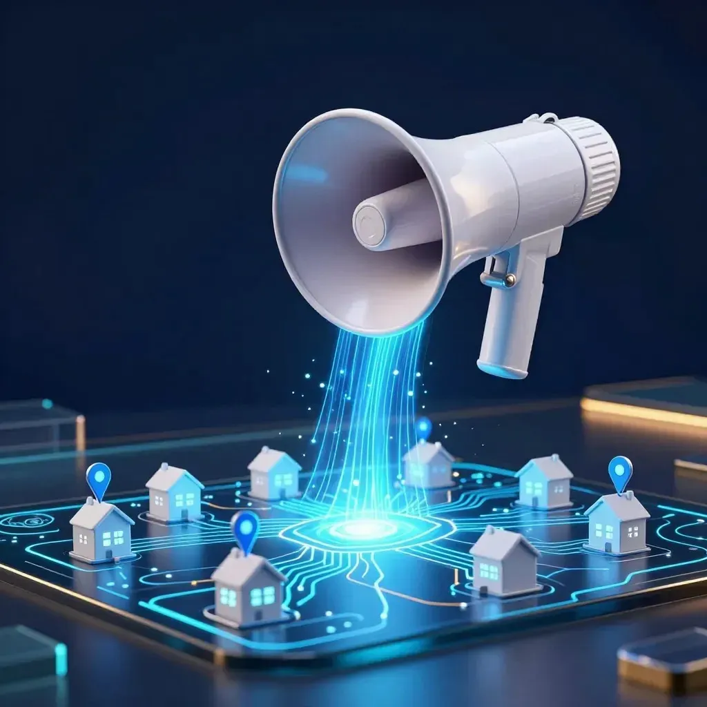 Megaphone sending a digital signal across a map of homes with location pins, representing outreach to contacts