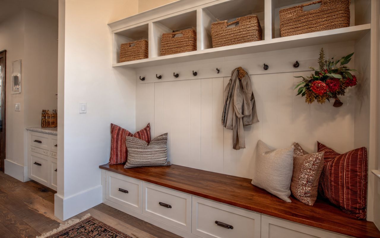 mudroom addition in Monument, NM with clean entry design and storage bench