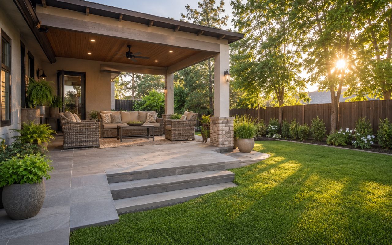 covered patio addition with seating and backyard shade