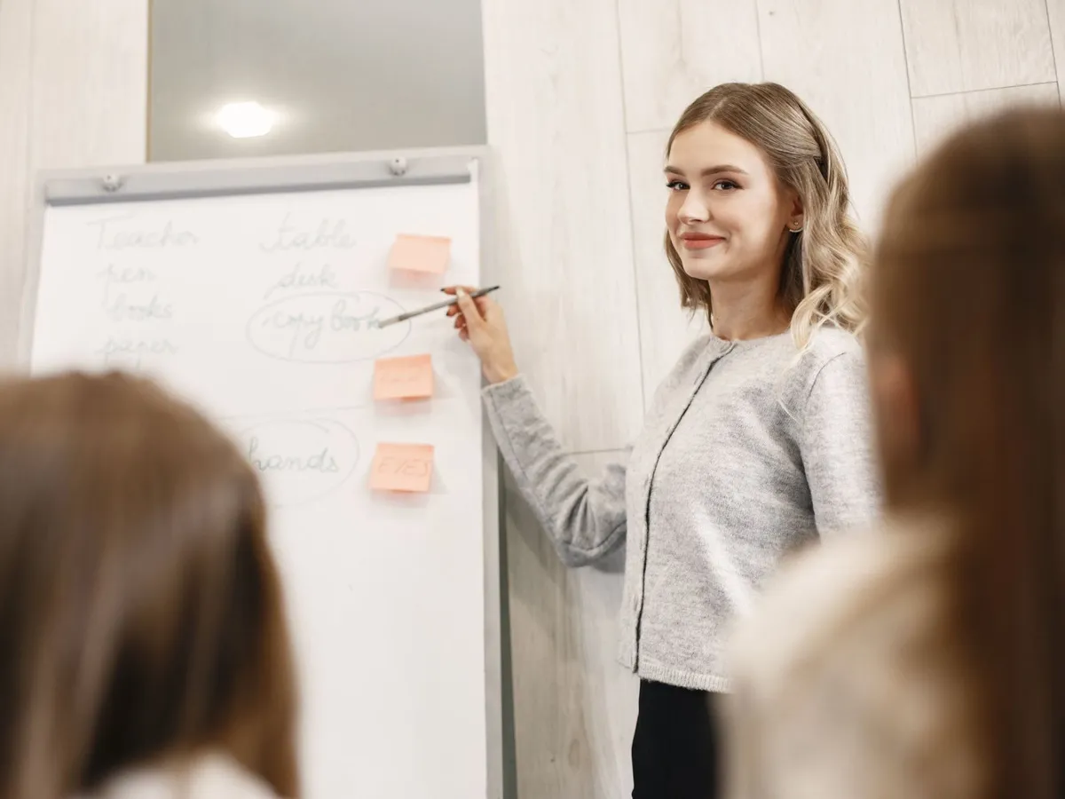 Young presenter pitching ideas on a flipchart to a small group