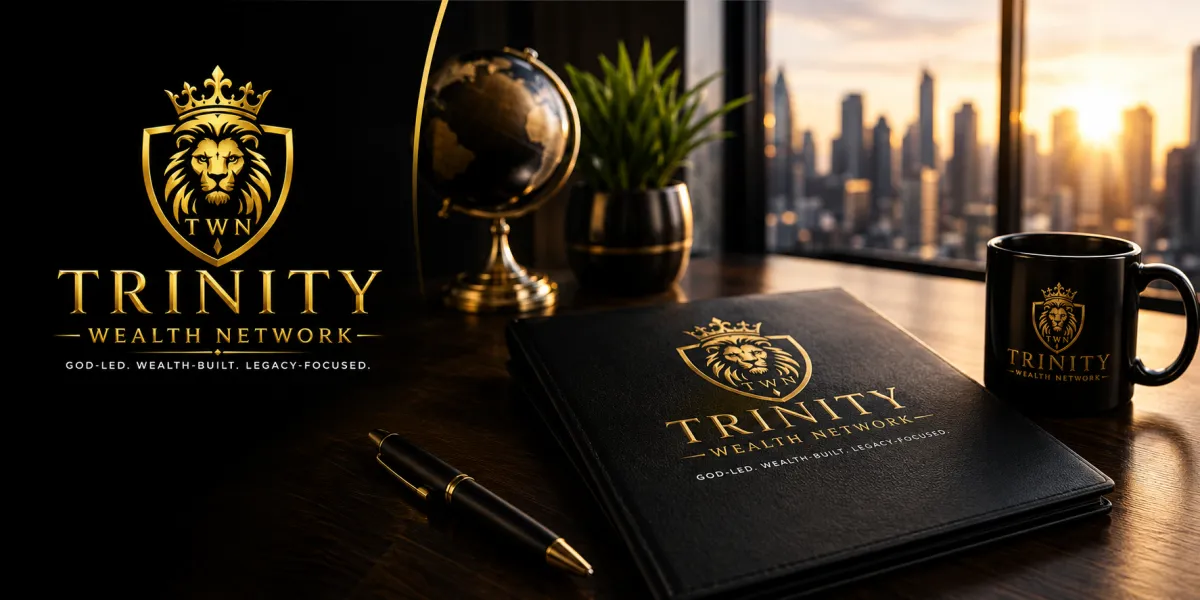 Luxury financial office scene with logo