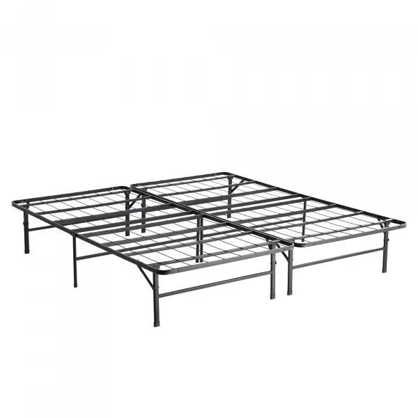 A black metal high rise platform used for supporting a mattress. Replaces a boxspring and frame.
