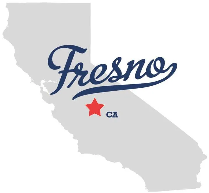 an image with Fresno marked by a red star on a grey california state