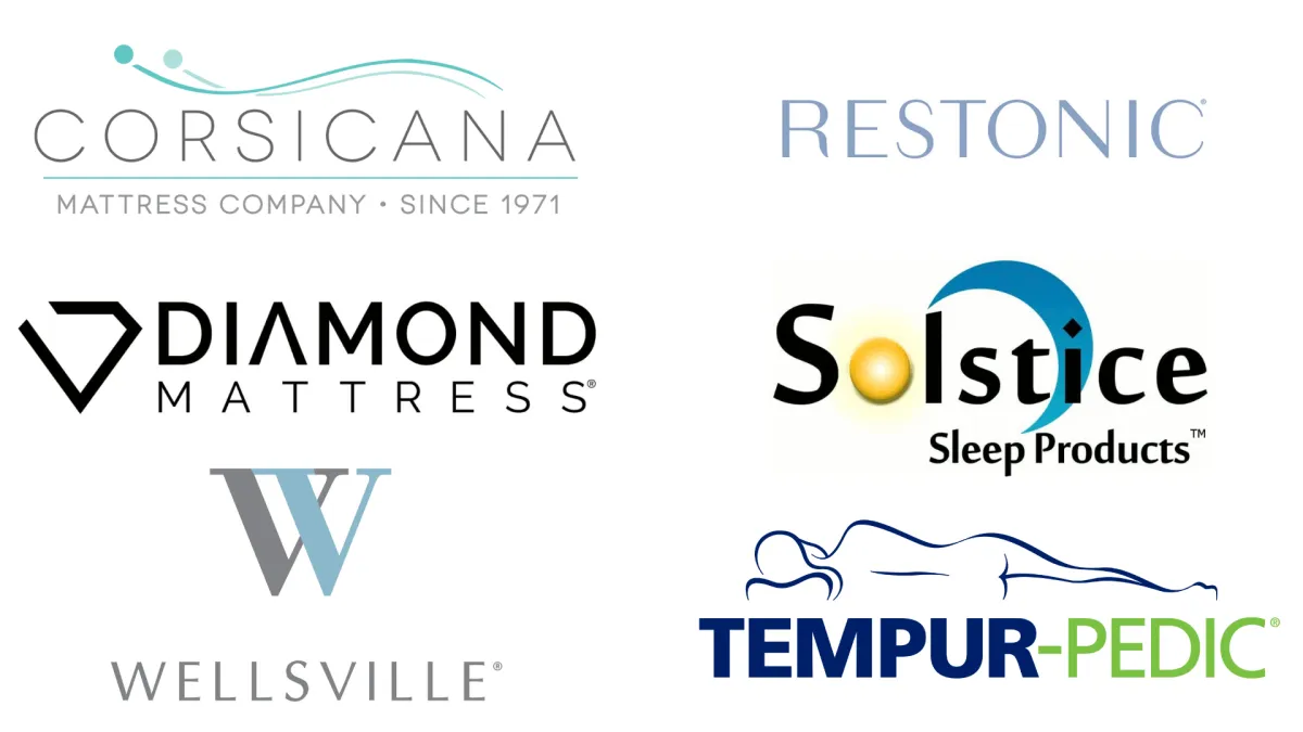 brand logos for corsicana, restonic, diamond mattress, solstice, wellsville, and tempurpedic