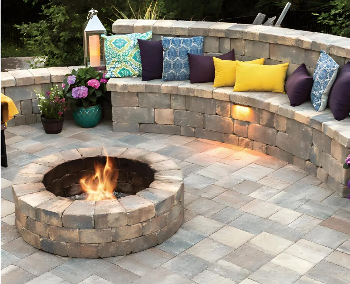 outdoor fireplace on top of pavers