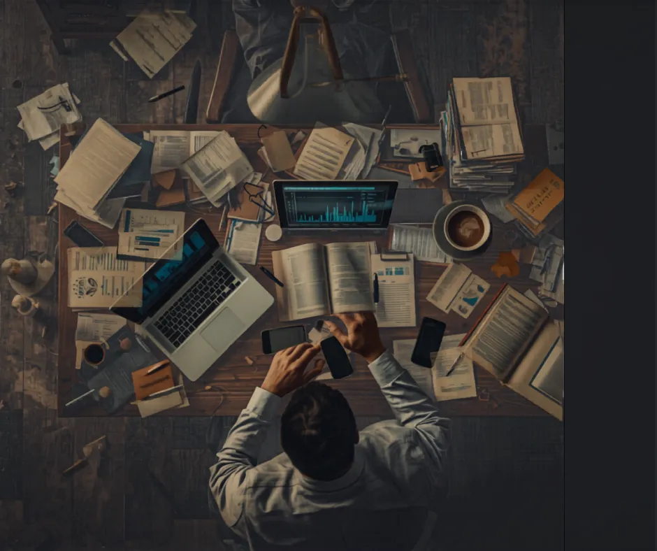 Cluttered desk with scattered papers, devices, and coffee cup showing disorganized workspace