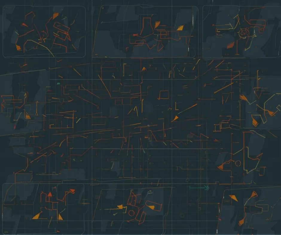 Abstract diagram with disconnected lines and fragmented paths representing broken workflow