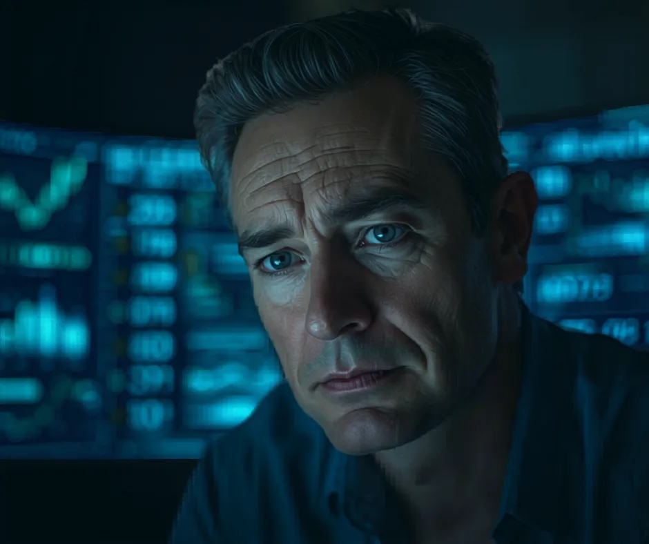 Man analyzing data on a digital dashboard with focused expression