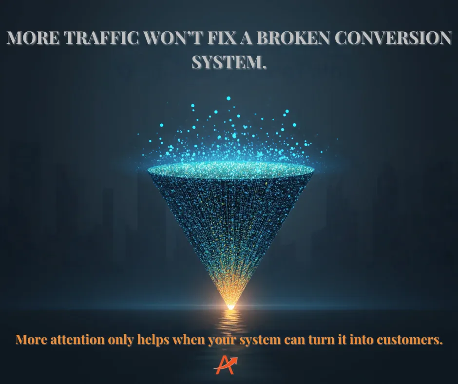 Website traffic entering a service business conversion system with only a small percentage becoming customers.