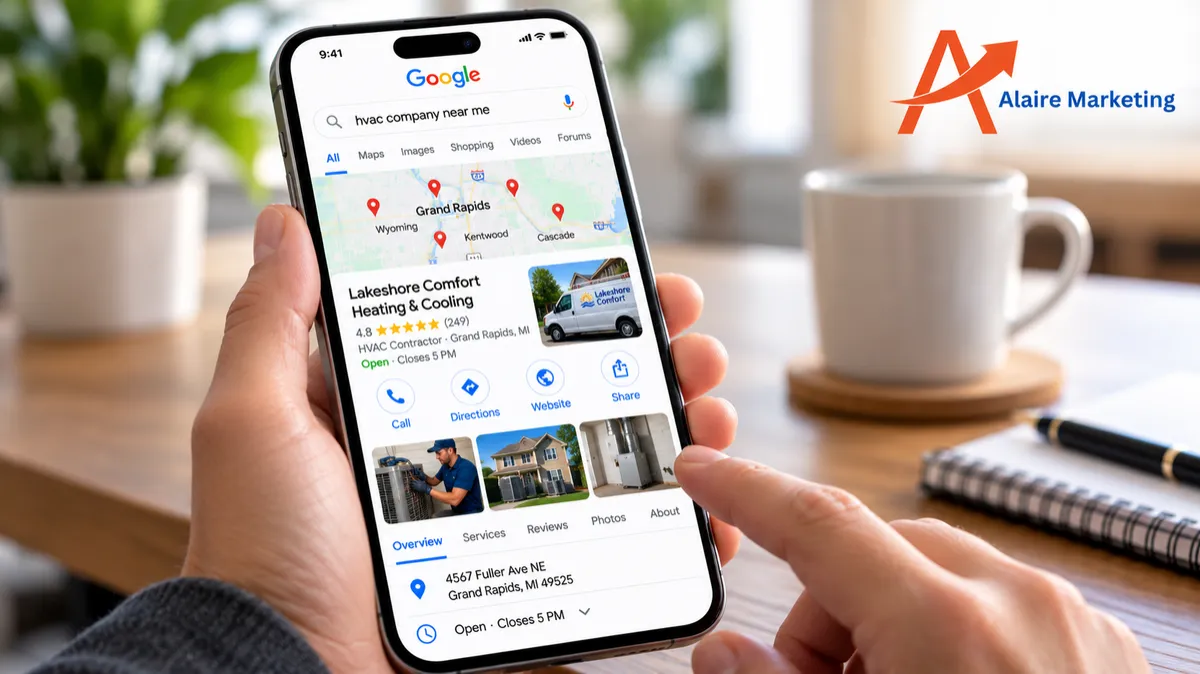 Google Business Profile appearing in local search results with reviews, business hours, and service details.