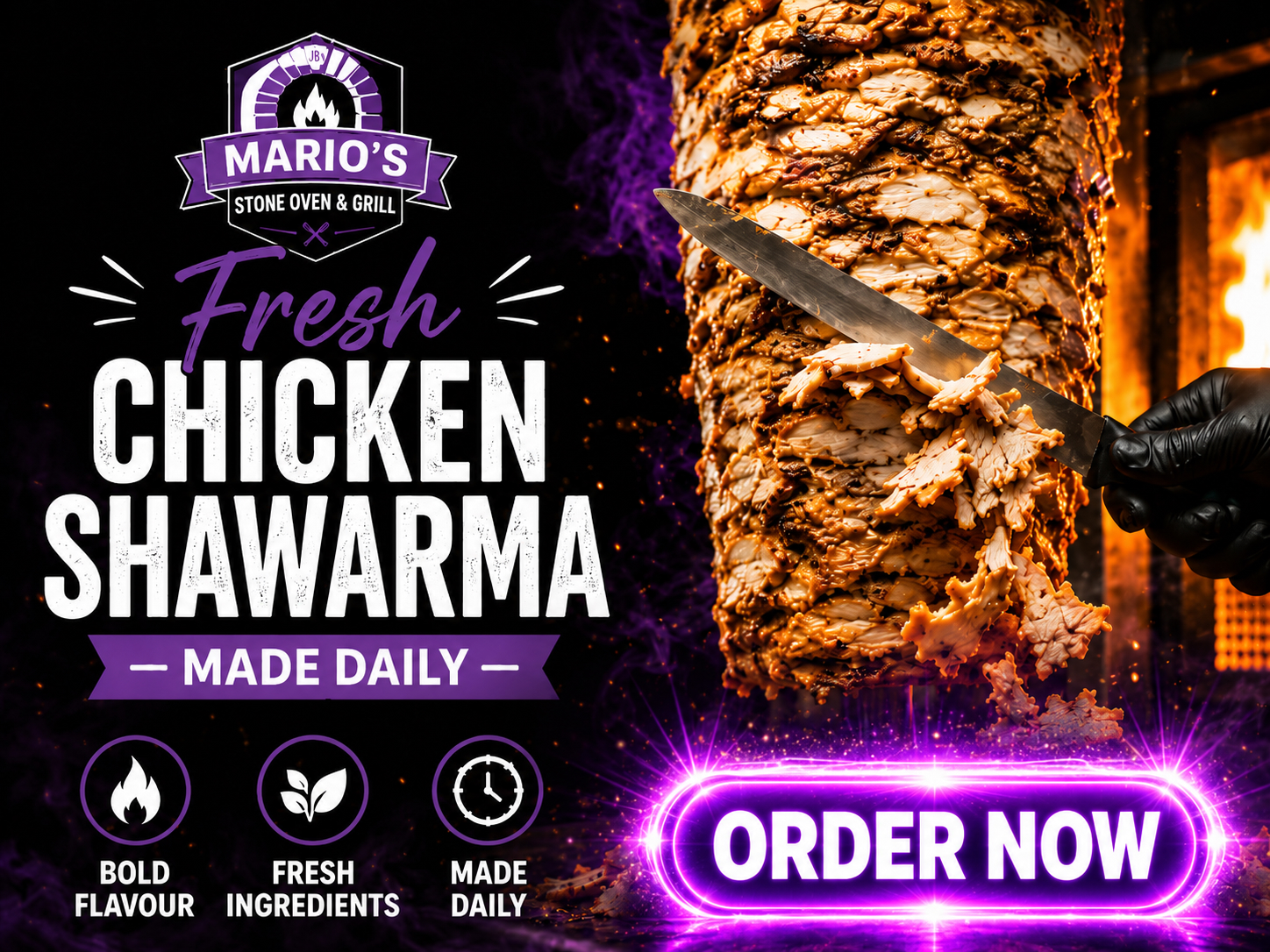 Fresh chicken shawarma made daily at Mario’s Stone Oven & Grill near Western University in London, Ontario.