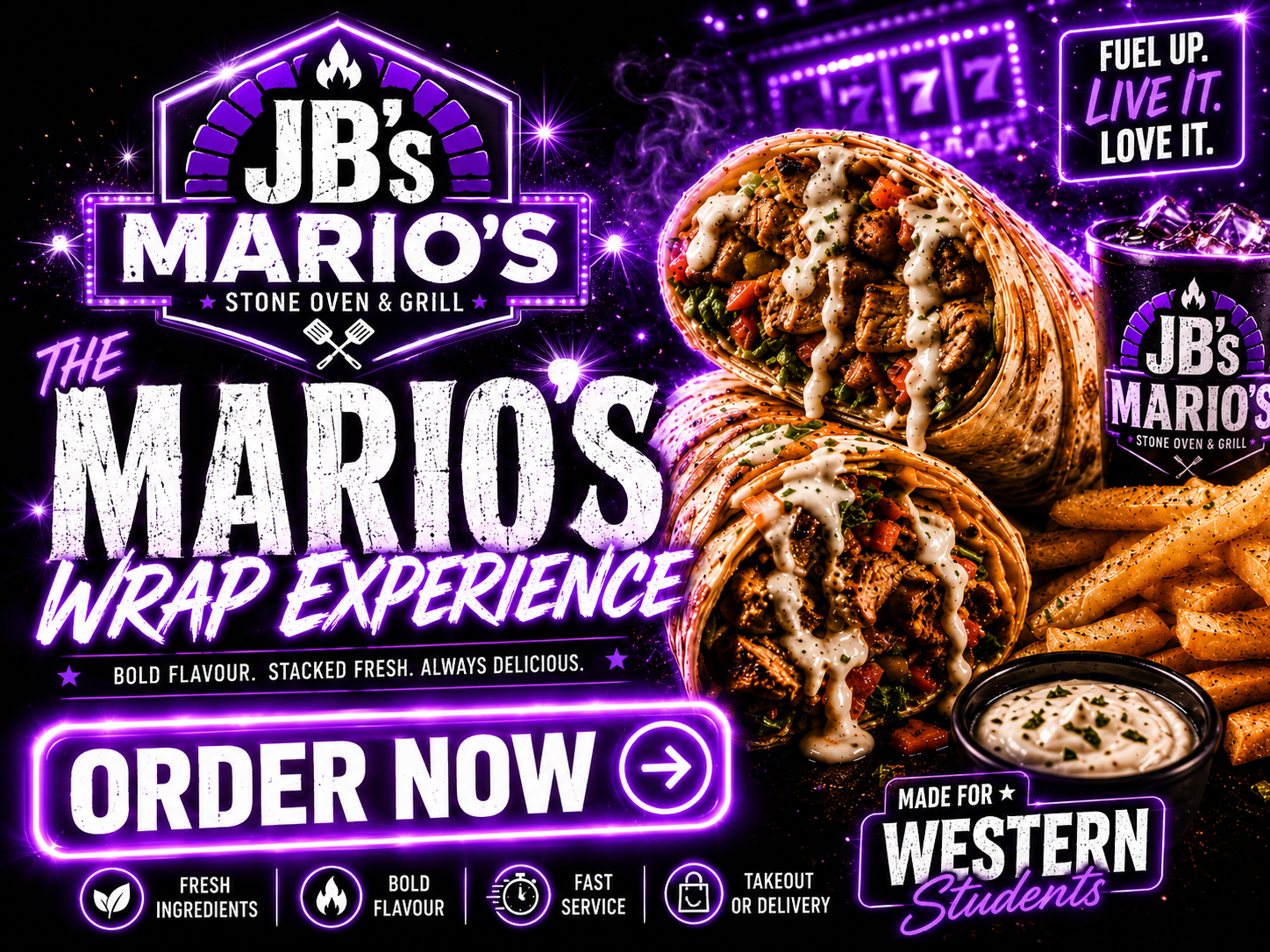 Loaded chicken wraps with fries from Mario’s Stone Oven & Grill near Western University